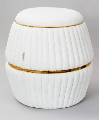Produktbild von Qiyano Pouf Sitzhocker aus kuscheliger Teddystoff in Zylinderform mit Ziernähten und Metalloptikringen in Creme Beige Gold, Höhe ca. 52 cm