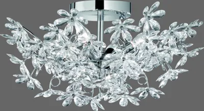 A close-up view of a decorative ceiling lamp with crystal flower accents.