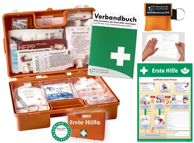 Produktbild von Verbandskoffer (K) Typ N - INKL. 90° ARRETIERUNG -Paket 2- Erste Hilfe -akt. DIN 13157 (Betriebe) INKL. VERBANDBUCH + Notfallbeatmungshilfe + Aushang