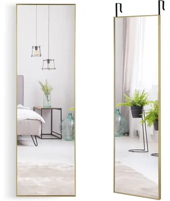 Obrázok produktu pre Zrkadlo na stenu, 120 x 37 cm, celotělové zrkadlo s kovovým rámom a háčikmi, zlatá farba