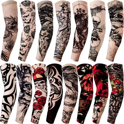 Image de Manches de tatouage temporaires - 15 pièces, motifs pour bras et jambes - Unisexe - Manches en nylon extensible - Élastiques - Protection pour les bras - Manchons de tatouage