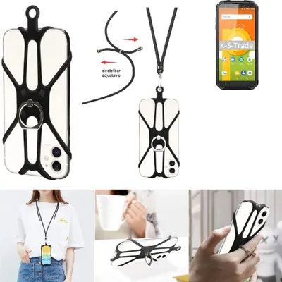Produktbild von K-S-Trade 3in1 Handykette Handyband Handykordel Halsband Smartphone-Ring Handy-Ring kompatibel mit Blackview BV9500 Plus Fingerhalterung Handyring