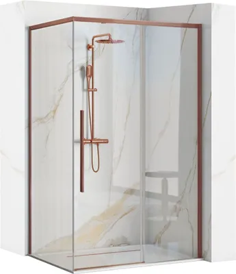 A corner shower cabin with a copper frame and shower fixtures, set against a marble-tiled wall.