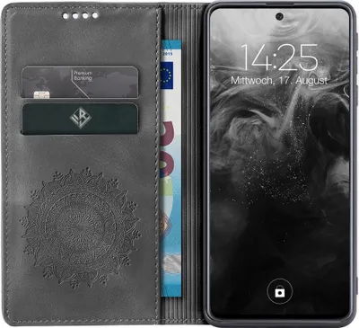 A phone case with a phone inside, showing the lock screen and some cards and a banknote in the case.