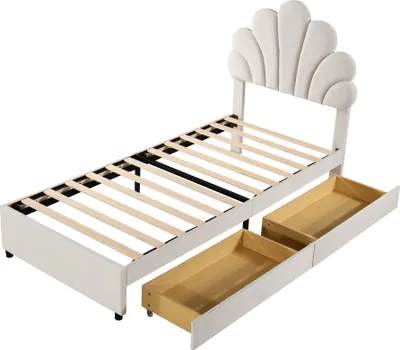 Produktbild von Flieks Polsterbett 90x200cm mit 2 Schubladen, Einzelbett Jugendbett Kinderbett mit Blumenförmigem Kopfteil, Klassisches Bett, Samt, Beige