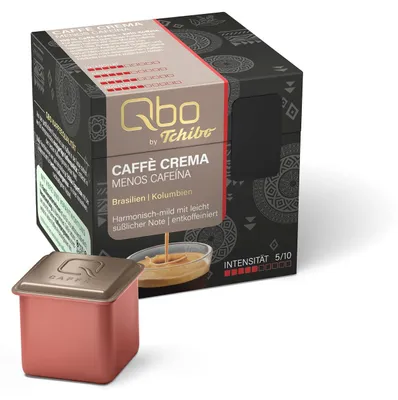 Produktbild von Tchibo Qbo Caffè Crema Menos Cafeína Premium Kaffeekapseln, 8 Stück (Caffè, Intensität 5/10, mild und süßlich, entkoffeiniert), nachhaltig & aus 70% nachwachsenden Rohstoffen¹