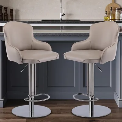 Image de Tabouret de bar noir - Hauteur réglable et pivotant - Assise et dossier en cuir beige