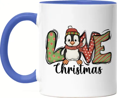 Produktbild von Love Christmas Tasse Blau Geschenkidee Weihnachts-Fans Pinguin-Motiv für Weihnachten für Kinder Familie