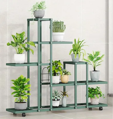 Produktbild von Blumenständer & Pflanzenregal - H9036 Pflanzentreppe - Metall - Mehrstöckig - Mit Rollen - Innen/Außen - Ecke Balkon Garten - Grün