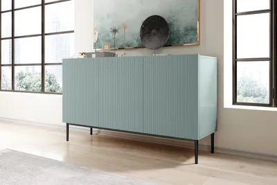Zdjęcie produktu dla Komoda Nicole 150 Cm Szałwia, Ryflowany Front, Czarne Metalowe Nogi