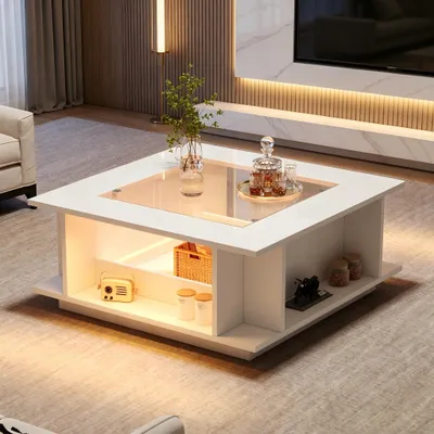 Productafbeelding van Witte, vierkante salontafel, met glazen blad, LED-verlichting, gemaakt van spaanplaat