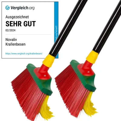 Produktbild von Novaliv 2x Krallenbesen mit Stiel 30cm, Spezialbesen gebogenen Borsten Borsten Rot Gelb -Ideal als Gartenbesen, Kratzbesen, Kunstrasen Besen, Optimal für Camping, Straßenbesen