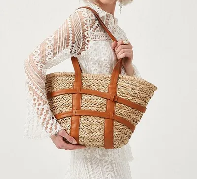 Produktbild von Tasche Korbtasche Strandtasche Einkaufskorb Einkaufstasche Natur Shopper Umhängetasche Strohtasche 47x27x24cm /CBBKQ/
