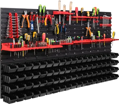 Image de Système de rangement Étagère d'atelier | 156 x 78 cm | 76 pièces Boîte | Étagère murale avec supports pour outils et boîtes empilables - Panneaux muraux Étagère à bacs extra-robuste Panneau perforé pour outils Étagère de rangement Étagère de garage