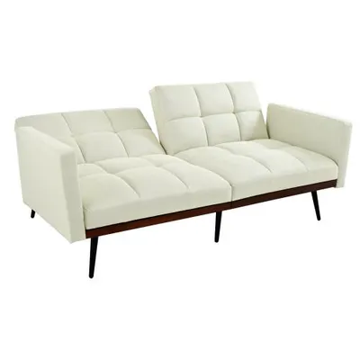 Produktbild von Mid-Century Futon-Couch im Leinen-Mix, 146 cm breit, 5-fach verstellbare Rückenlehne, fixe Armlehnen, Metallbeine, Beige – Ideal für Wohnzimmer, Gäste