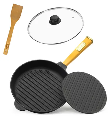 Produktbild von Ø24cm Grillpfanne Gusseisen mit Pressdeckel Glasdeckel Pfannenwender Induktion Holzgriff Bratpfanne Pfanne Feuerpfanne