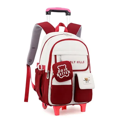 Produktbild von Farbblockierender Rollrucksack für Mädchen, Kawaii-Schultasche mit Rädern, Trolley-Büchertaschen für Grundschüler,29*18*45cm, rot
