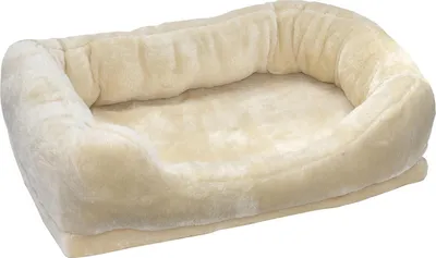 A beige pet bed with raised sides, shown from a slightly elevated angle against a white background.