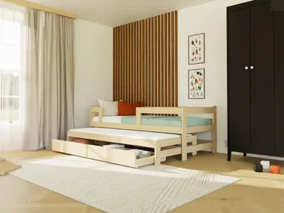 Produktbild von Einzelbett SAFE 90x200 3-in-1 mit Barriere, Ausziehbett und 2 Aufbewahrungsschubladen Weiß, Mit einem Rausfallschutz