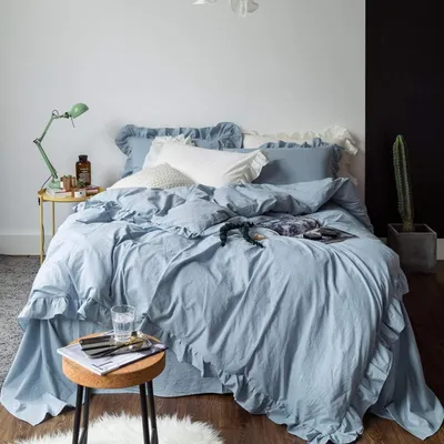 Obrázek produktu pro Sada povlečení s volánky, rozměr 200x200 cm, šedě modrá barva, 100% mikrovlákno, 3dílná sada