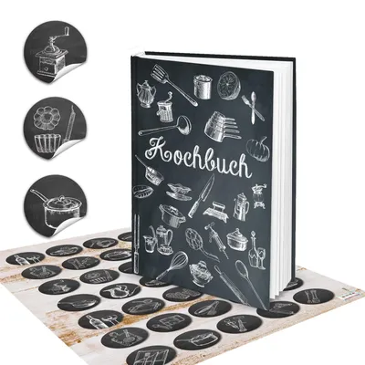 Produktbild von Kleines DIY Rezeptbuch mit leeren Seiten DIN A5 schwarz weiß Tafelkreide-Stil mit Metalleckenmit schwarzen Stickern