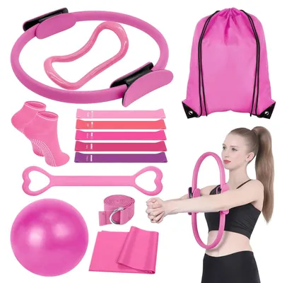 Immagine prodotto di Set per pilates - 13 pezzi - Con tappetino, anelli ed elastici - Per casa - Con borsa da trasporto