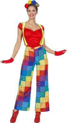 A woman is wearing a clown costume.