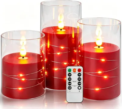 Productafbeelding van Da by Rode vlamloze kaarsen met lichtslingers - Set van 3 - Batterij-aangedreven LED-pijlerkaarsen 4 '' 5'' 6''