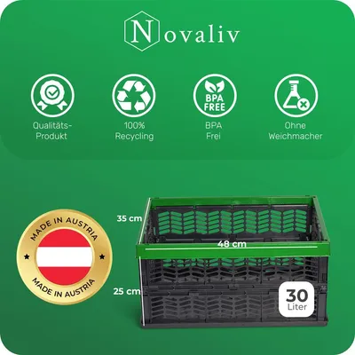 Produktbild von Novaliv Einkaufskorb Klappbox | 30L Grün Schwarz faltbar stabil| Klappkorb Tragebox Klappkiste Kitchen storage toy basket box Einkaufstasche Korb Küche