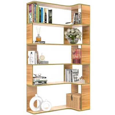 Image de bibliothèque d'angle en bois à 6 niveaux Étagère en L pour bureau à domicile, salon bois naturel