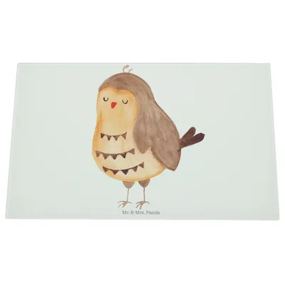 Produktbild von Mr. & Mrs. Panda Küchenbrett Eule Zufrieden - Weiß - Geschenk, Hackbrett, glücklich, Schneidebrett Glas, Schneideplatte, Owl, Waldtier, Aus, Glasschneidebrett