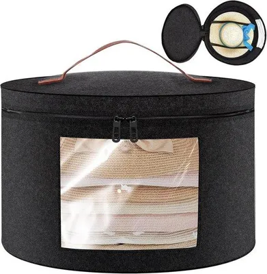 Produktbild von Famanu Aufbewahrungsbox für Hüte mit Deckel, 43 x 26 cm, faltbare Filz-Hutbox, dunkelgrau, mit transparentem Fenster und Griff, Reißverschluss