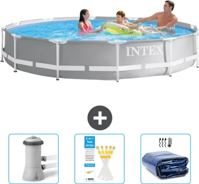 Zdjęcie produktu dla Basen Intex z okrągłą ramą pryzmatyczną - 366 x 76 cm - szary - zawiera pompę filtrującą do basenu - paski testowe - markizę przeciwsłoneczną