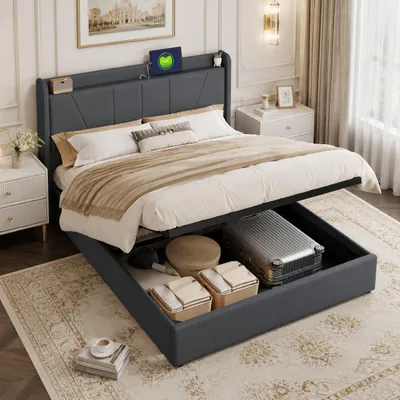 Image de INONEFT, lit à lattes avec sommier à ressorts, 160 x 200 cm, lit tapissé, lit double avec rangement, lit pour adultes avec sommier à lattes et ports USB, tissu lin, couleur gris, Image générée par une IA