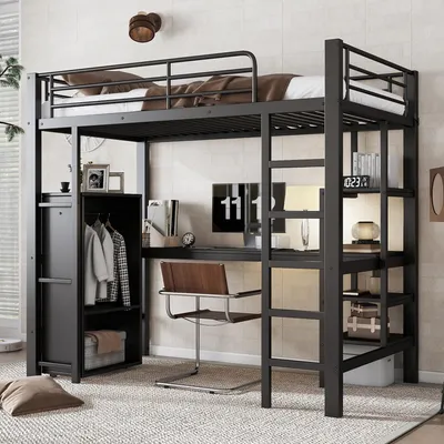 Productafbeelding van Merax stapelbed 90x200 cm met bureau, ijzeren bed met kledingkast en planken, kinderbed van metaal met een 5-tredenladder, spaanplaat, zwart