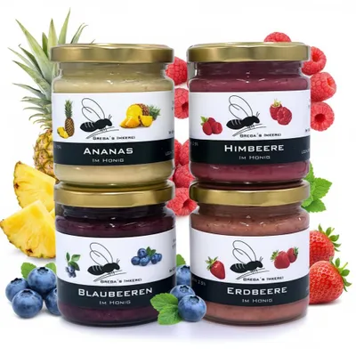 Produktbild von 4er Frucht im Honig Set – Honigsüßer Aufstrich aus Familienimkerei mit Früchten | Grega's Imkerei | – ideales Probier- & Geschenkset