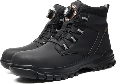 A pair of black work boots with a dial lacing system.