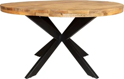 A round wooden dining table with a black metal base, shown against a white background.