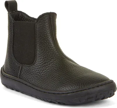 A black leather Chelsea boot is shown against a white background.