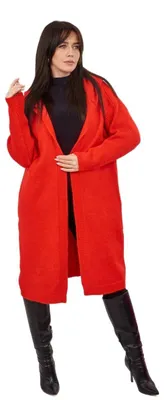 Produktbild von Lange Rote Damen Strickjacke mit Kapuze aus Polyacryl-Elasthan, Einheitsgröße M-XL