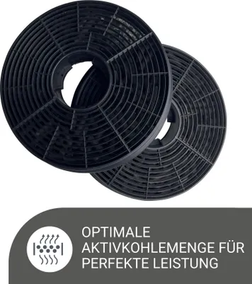 Two charcoal filters for a range hood, with a graphic and text overlay.