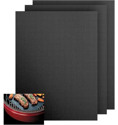 Productafbeelding van BBQ Grillmatten, 3 stuks, 32x50 cm, universele oveninlegger, herbruikbaar, wasbaar, geschikt voor gas- en houtskoolgrills, zwart