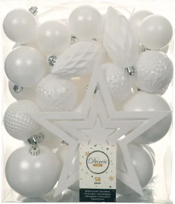 Produktbild von Weihnachtskugeln Kunststoff mit Christbaumstern 50er Set - Winterweiß