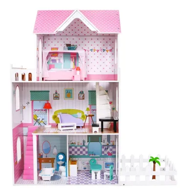 Obrázek produktu pro Velký dřevěný domeček pro panenky Růžový pro děti 3+ Příslušenství Nábytek + 3 patra