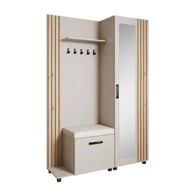 Produktbild von Garderoben-Set LIVIA Links Kaschmir– Garderobenschrank mit Spiegel, Schuhschrank mit hellbeigem Sitzkissen, Lamellen in Eiche Artisan, Hochschrank