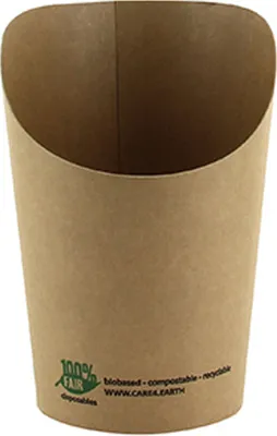 A brown paper cup for food, with eco-friendly branding at the bottom.