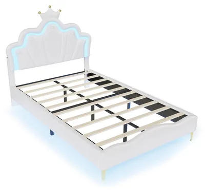 Image de Lit bébé - Lit en forme de couronne pour princesse avec éclairage LED - Repose-tête réglable - 140 x 190 cm - Espace de rangement - SimilicuirPolyuréthane- Blanc