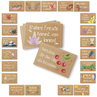 Produktbild von 24 kleine Sprüche Karten Motivationskarten braun bunt 8,5 x 5,5 cm