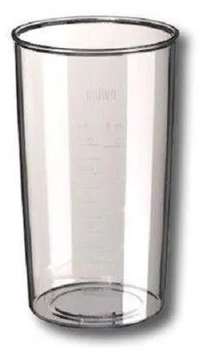 A clear plastic measuring cup with markings on the side.