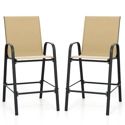 Two outdoor bar stools with tan seats and black frames are shown against a white background.